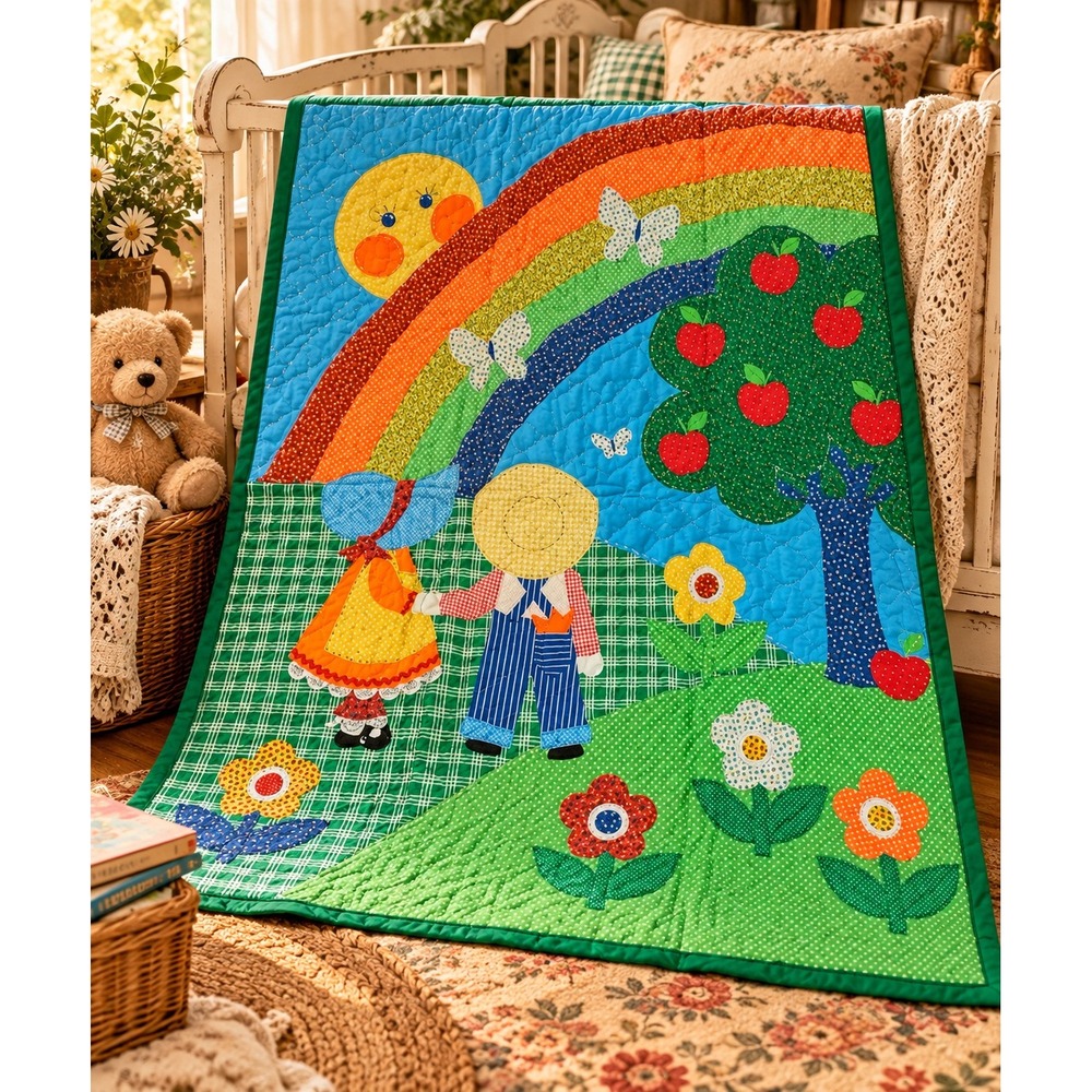 Vintage Sunbonnet Sue Overall Sam Handmade Baby Quilt Rainbow Apple Tree 43x33
